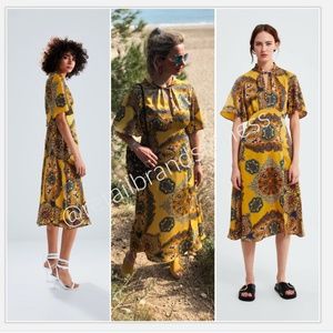 ZARA KEY HOLE TIE NECK SILKY PRINTED MIDI DRESS